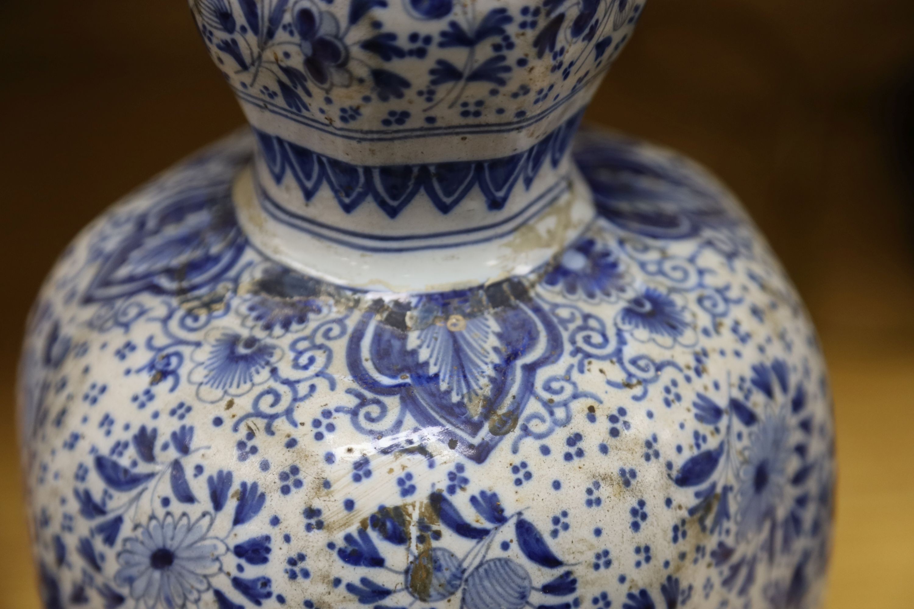 An 18th/19th century Delft blue and white octagonal double gourd vase, mounted as a lamp 50 cm